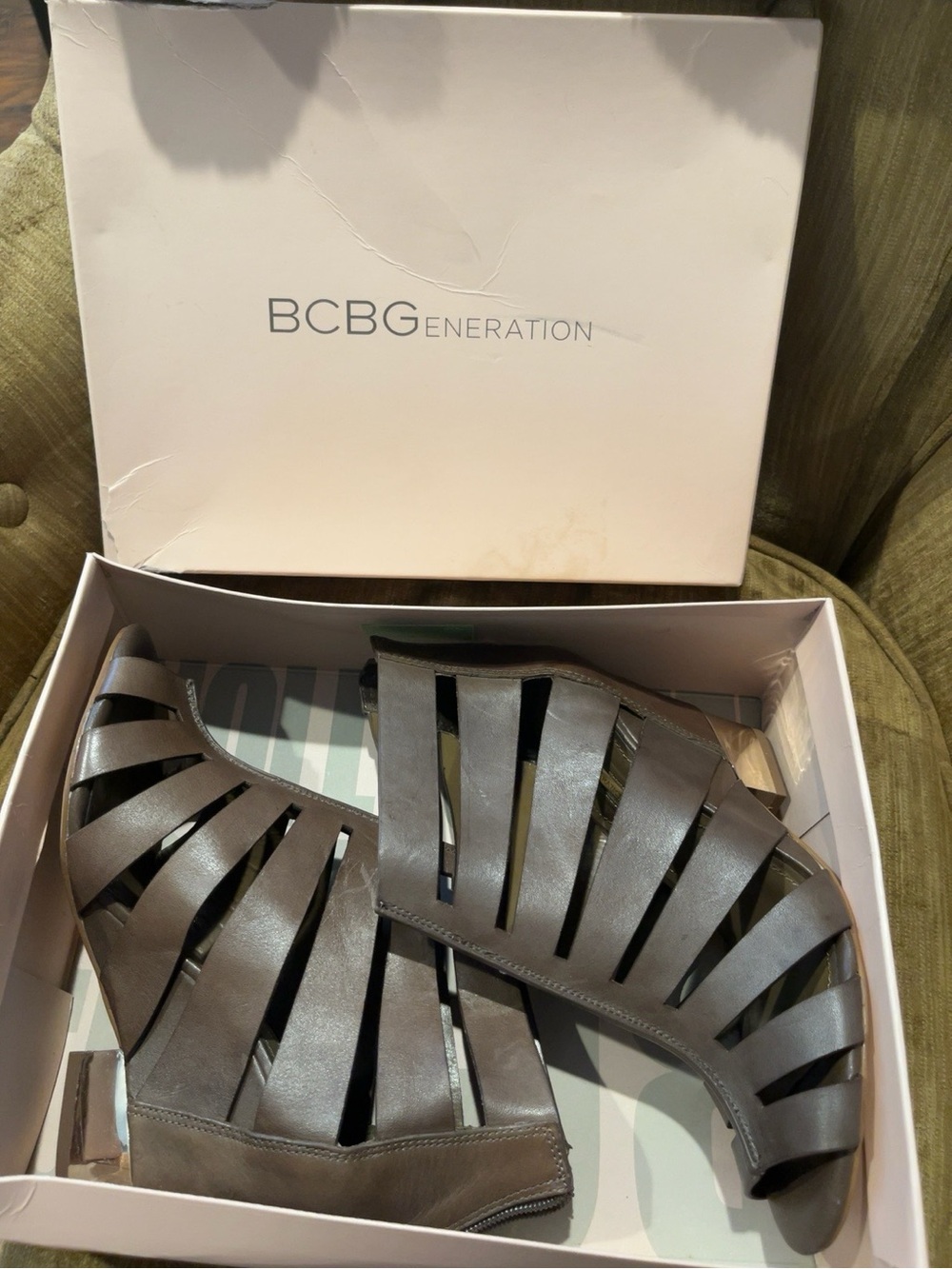 BCBGeneration Gray Strappy Wedge Sandals